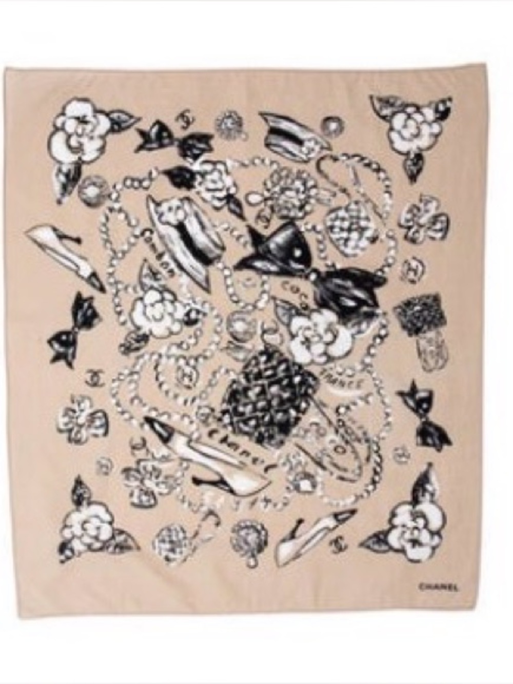 CHANEL 93P Beige Cotton Scarf w Black Sketch Motifs
